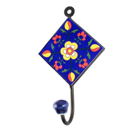 Navy Blue With Yellow Ceramic Floral Tiles Hooks